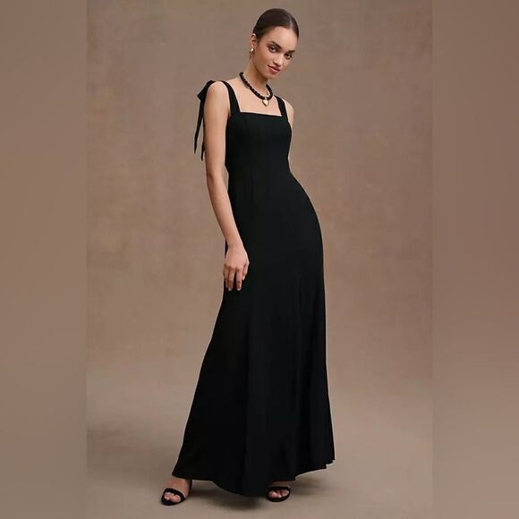 BHLDN Clara Shoulder-Tie Square-Neck Georgette Gown BLACK - Picture 1 of 2
